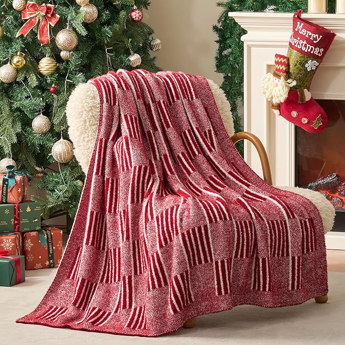 Snuggle Sac Red Checkered Christmas Blanket,Super Soft Reversible Twin Size Cozy Warm Throw Blanket for Couch Sofa Bedroom,Cute Lightweight Striped Blankets for Women,Heather Red,60x80 inches