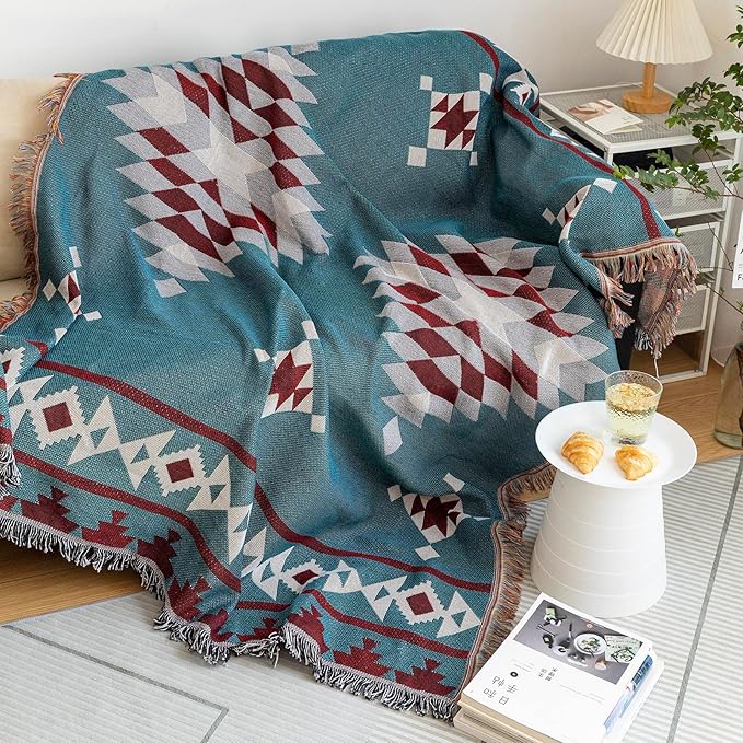 VClife Boho Couch Cover, Modern Cotton Linen Couch Cover for 3-4 Cushion Couch Sofa Cover with Tassel, Blue Red Gray Plaid Triangle Sofa Slipcover for Sectional Sofa L Shape Sofa Cover 71"x 150"