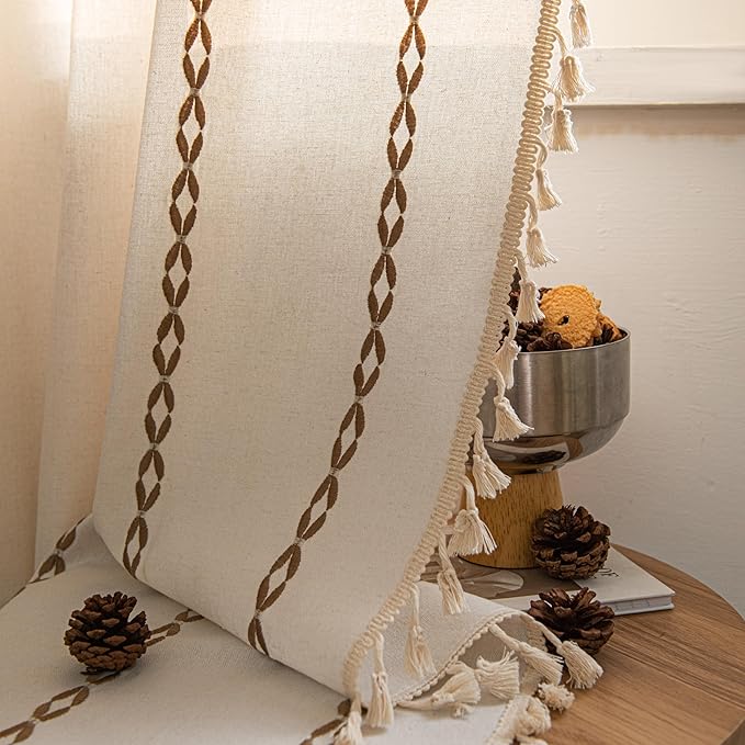 Sutuo Home Boho Curtains 108 Inches Long, Bohemian Drape for Bedroom Living Room, Privacy Country Semi Blackout Farmhouse for House Decor Rod Pocket, 1 Panel W52 x L108 White and Coffee