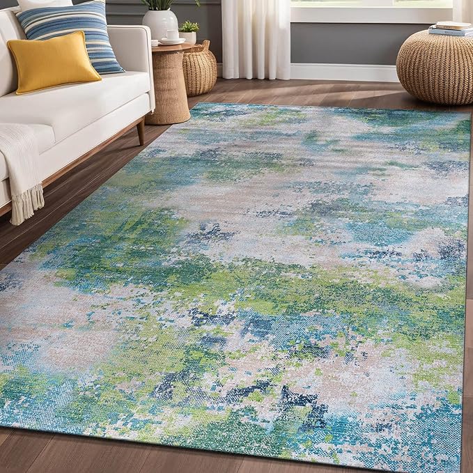 Non Slip Rugs 6x9 Modern Abstract Easy Silk Rubber Backing Soft Area Rug for Living Room Easy to Clean Non Shedding Kitchen for Bedroom Indoor Carpet (Teal - Green, 6x9)