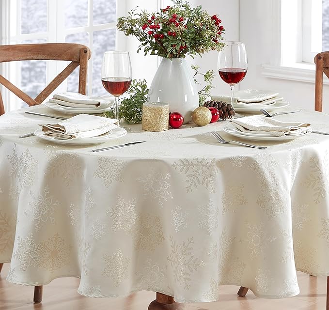 Newbridge Fancy Metallic Snowflake Christmas Fabric Napkins, Set of 4, Ivory Gold, No-Iron Soil Resistant Sparkling Snowflakes Woven Holiday Cloth Napkins