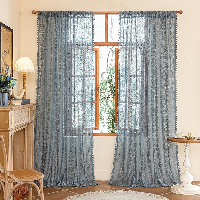 YJ YANJUN Blue Boho Curtains 2 Panles -72 Inches Long, Vintage Lace Window Panels with Tassels for Living Room Bedroom Sliding Door, Semi Sheer, Privacy, Ocean Coastal Décor W59 x L72 Dusty Blue