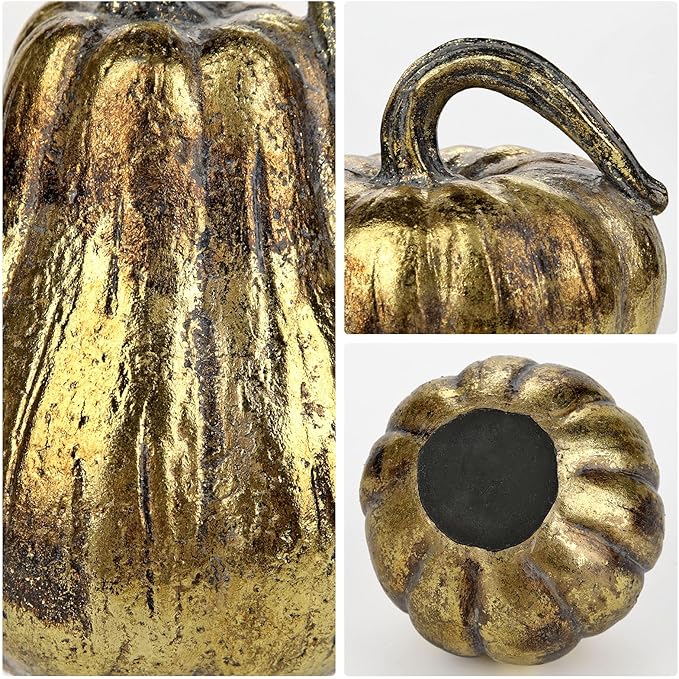 Hollyone Fall Pumpkin Decor 3 PCS Gold Resin Pumpkin Figurines Fake Pumpkins for Decorating Faux Pumpkins Fall Decorations Rustic Farmhouse Home Centerpiece for Thanksgiving Harvest Halloween Autumn