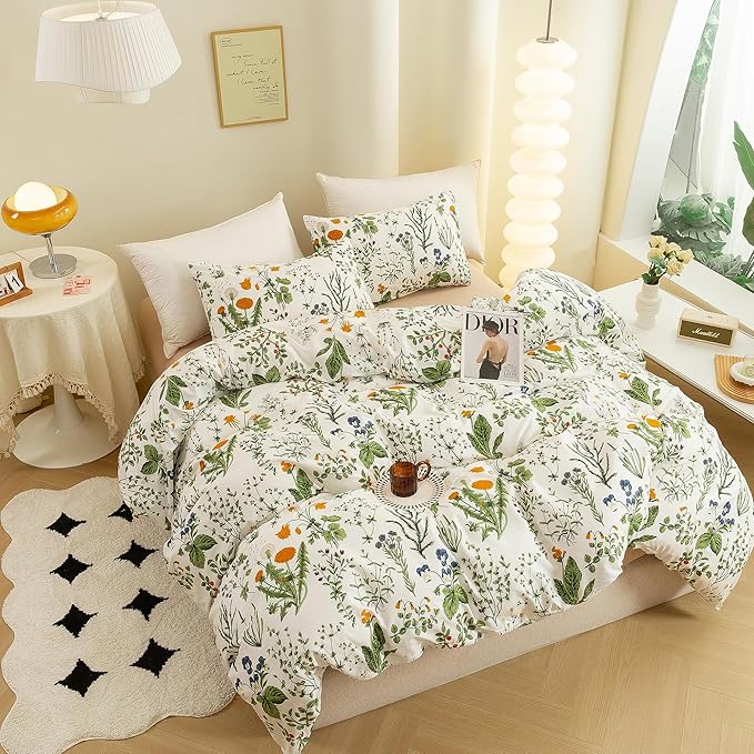 ECOCOTT Floral Duvet Cover Sets Queen Size,3 Pieces 100% Natural Cotton Floral Pattern 1 Duvet Cover with Zipper and 2 Pillowcases, Ultra Soft and Easy Care Breathable Cozy Simple Style Bedding Set