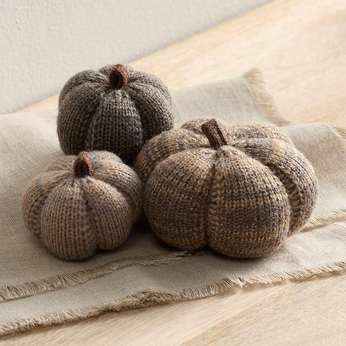 Your Heart's Content Set of 3 Cobblestone Grey Cozy Mini Knit Pumpkins, Autumn Bowl Filler, Rustic Farmhouse Table for Fall (Cobblestone Multi-Size Set)
