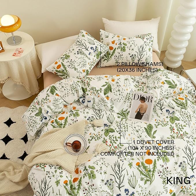 ECOCOTT 3 Pieces Floral Duvet Cover Sets King Size,100% Natural Cotton Floral Pattern 1 Duvet Cover with Zipper and 2 Pillowcases, Ultra Soft and Easy Care Breathable Cozy Simple Style Bedding Set