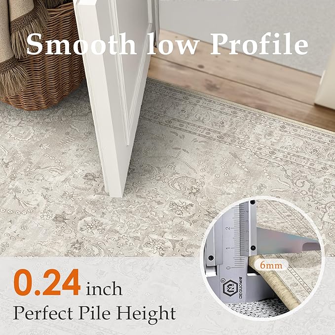 Beige 2x6 Runner Rug Washable Vintage Long Carpet for Hallway Kitchen Soft Retro Floral Low Pile Indoor Runner Non Slip Central Medallion Throw Rug for Bathroom Bedroom Laundry Dining Room