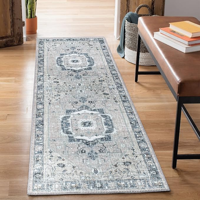 Bloom Rugs Washable Non-Slip 10 ft Runner - Pebble Gray/Blue Traditional Medallion Runner for Entryway, Hallway, Bathroom, and Kitchen - Exact Size: 2.5' x 10'