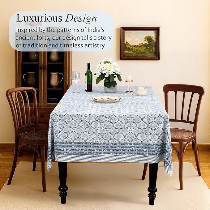 CPC Indigo Regal Tablecloth 100% Cotton 60x90 Inch Indian Block Print Rectangle Table Cover, Table Cloth for Gifting in Weddings, Halloween, Fall, Christmas, Thanksgiving