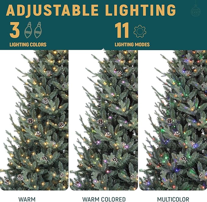 YITAHOME 6FT Prelit Blue Christmas Tree with Remote, Pre-Decorated Artificial Hinged Hillside Spruce Holiday Xmas Tree with 35 Pine Cones, 300 Lights & 11 Light Modes