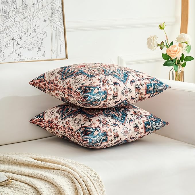 Boho Throw Pillow Covers 22x22 inch Set of 2,Boho Vintage Carpet Pattern Antique Ethnic Decor Double Sided Pattern Cushion Cover Soft Pillow Case Living Sofa Room Bed Square Pillow Cover