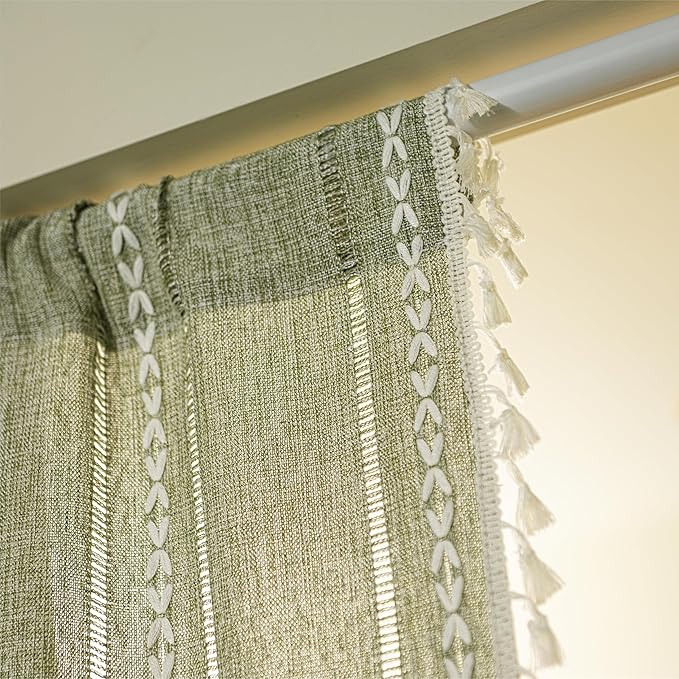 Sutuo Home Green Boho Door Curtains for Kitchen Doorway, Bohemian Semi Blackout Privacy Embroidery Drape Decor for Temporary Room Dividers Bedroom Living Room, Rod Pocket 1 Panel 37" W x 80" L