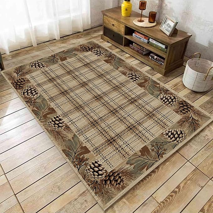 Rustic Cabin Area Rug, 5x6ft, Country Nature Leaf Pine Cone Border Accent Rugs, Lodge Brown Buffalo Plaid Rug, Non Slip Machine Washable Low Pile Area Rug for Living Room, Bedroom