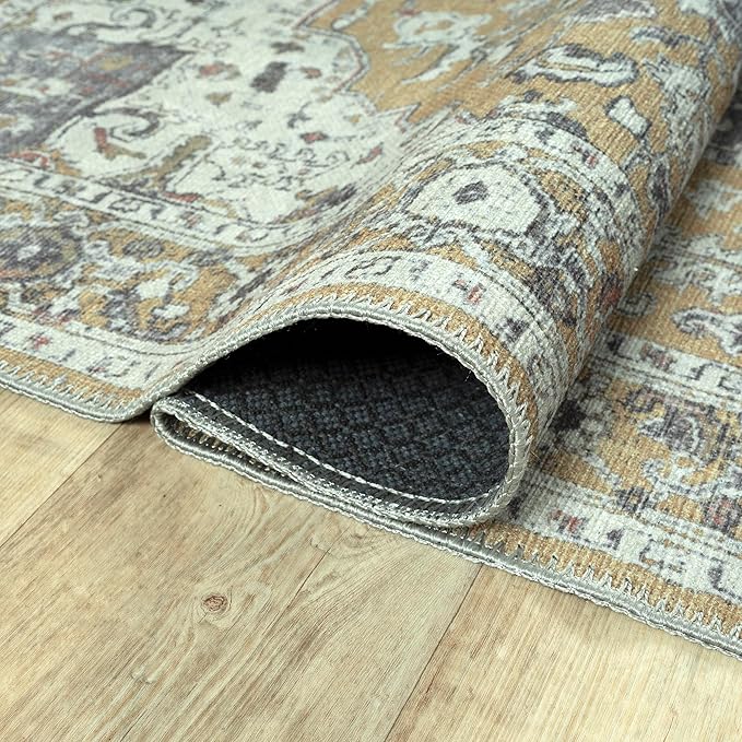 Bloom Rugs Washable Non-Slip 3' x 5' Rug - Yellow Traditional Medallion Area Rug for Living Room, Bedroom, Dining Room, and Kitchen - Exact Size: 3' x 5'
