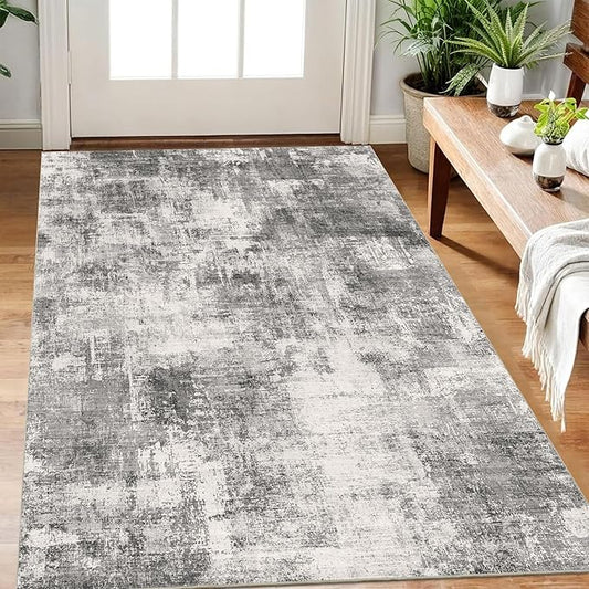 3x5 Modern Abstract Rug Washable Area Rugs for Living Room Bedroom Dining Room Non-Slip Low Pile Neutral Large Rug Soft Indoor Floor Carpet, Gray