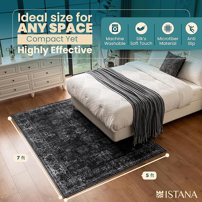 Istana 5x7 Area Rug - Black Rugs for Living Room 5x7 - Foldable Rugs for Bedroom - Stain Resistant Washable Rug - Eco-Friendly Boho Area Rugs - Easy to Clean Living Room Rug