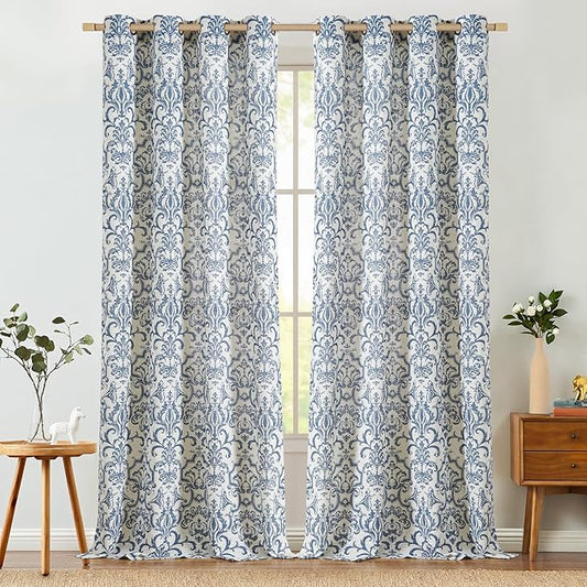 jinchan Extra Long Linen Curtains for Living Room & Bedroom - Slate Blue Damask 108 Inch & 9FT Long Light Filtering Vintage Curtains with Grommet Window Treatments - 2 Panels Set