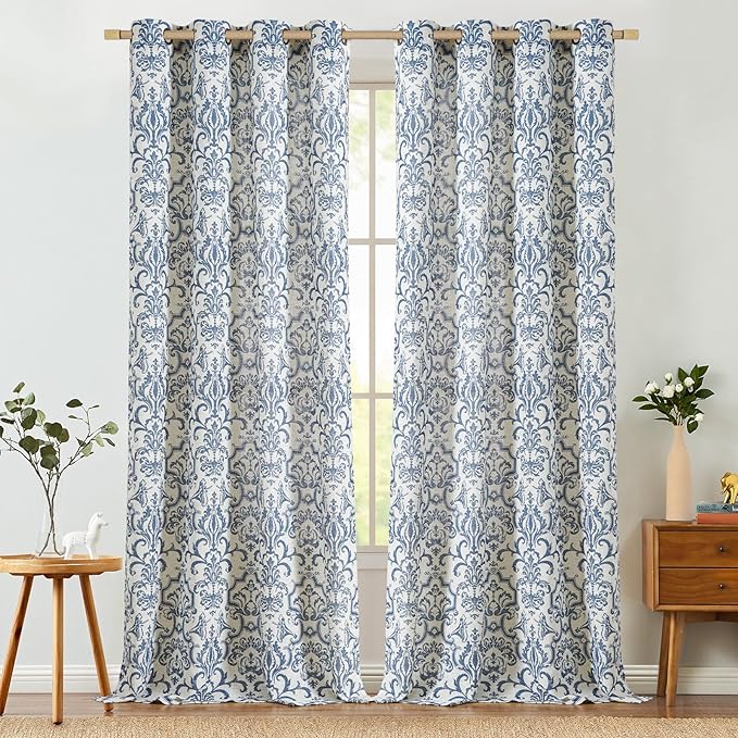 jinchan Curtains for Bedroom, Light Filtering Curtains 90 Inch Length 2 Panels Set, Baroque Style Linen Drapes for Living Room, Vintage Damask Patterned Window Treatments, Grommet Slate Blue on Flax