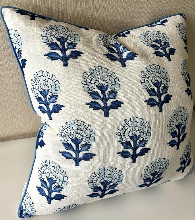Babur Floral Printed Decorative Square Accent Throw Pillow Cover - Decor for Living Room, Sofa, Chair, Patio, Car, Balcony, Bench, Porch, Nursery, Office, Bedroom - 20x20 Inches, Blue