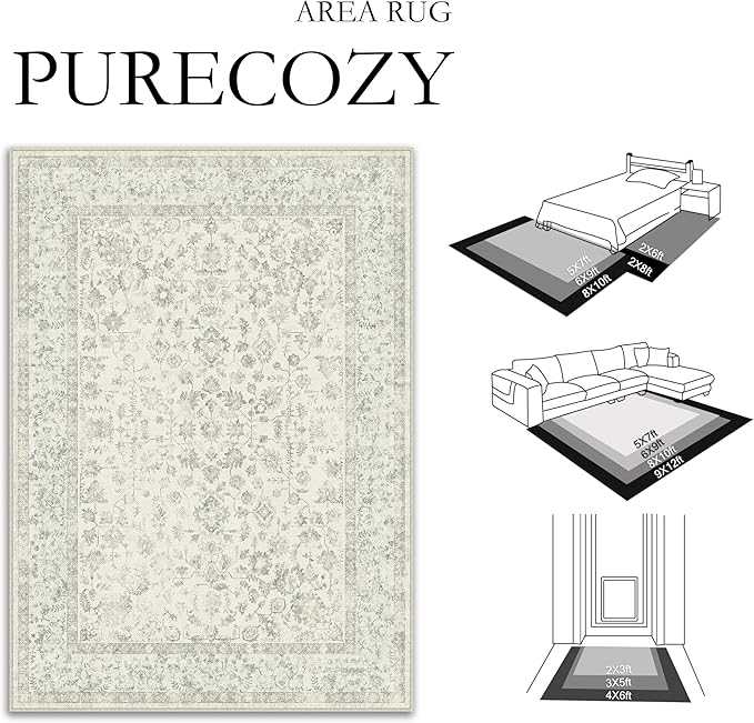 6x9 Grey Area Rug Non Slip Vintage Living Room Distressed Machine Washable Carpet Traditional Indoor Bedroom Grey Retro Floral Accent Throw Rug for Office Kitchen Dorm Dining Room