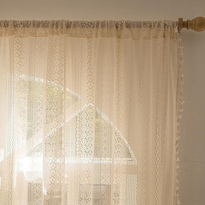 Sutuo Home Boho Curtains 84 Inches Length for Bedroom, Window Treatments Bohemian Sheer Crochet Lace Vintage Drapes Pair, Beige Geometry Knitted with Handmade Tassels Rod Pocket, 52" x 84"，2 Panels