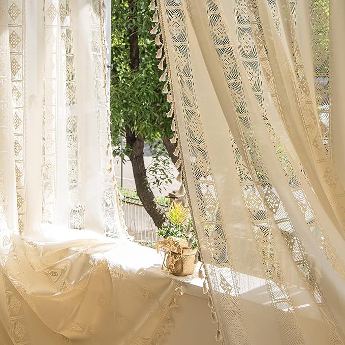 Sutuo Home Boho Curtains 2 Panels Crochet Lace Patchwork Semi-Blackout Bohemian Handmade Tassels, Rod Pocket Window Treatment Vintage Rustic Farmhouse Drapes for Living Bedroom, 52" W x 96" L, Cream