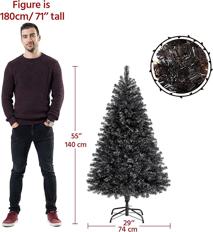 Yaheetech 4.5ft Pre-lit Halloween Black Spruce Artificial Hinged Christmas Pine Tree Prelighted Xmas Tree for Home Party Holiday Decoration with 150 Clear Warm White Lights and 324 Branch Tips, Black