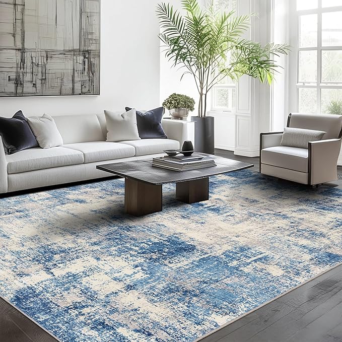 8x10 Modern Abstract Rug Washable Area Rugs for Living Room Bedroom Dining Room Non-Slip Low Pile Neutral Large Rug Soft Indoor Floor Carpet, Blue