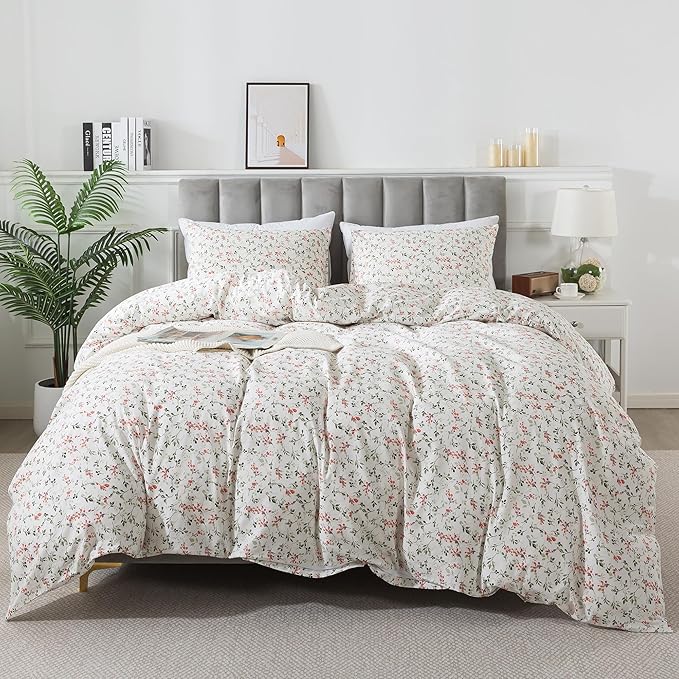 HoneiLife Duvet Dover King Size - 100% Cotton Comforter Cover Floral Duvet Cover Sets, Breathable Duvet Cover with Zipper Closure & Corner Ties, 3-PC Wildflower Comforter Cover Sets, Red Bean