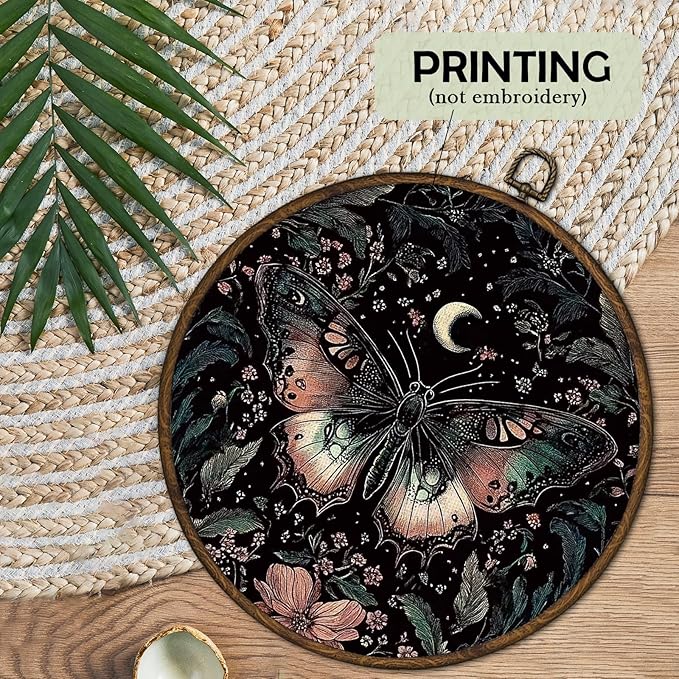 cvjutf Gothic Butterfly Wall Art Framed, Butterfly Bathroom Decor, Witchy Moth Round Wall Decor, Dark Cottagecore Moth Canvas Prints Art for Gallery Bathroom Bedroom Living Room, 10x10 Inch