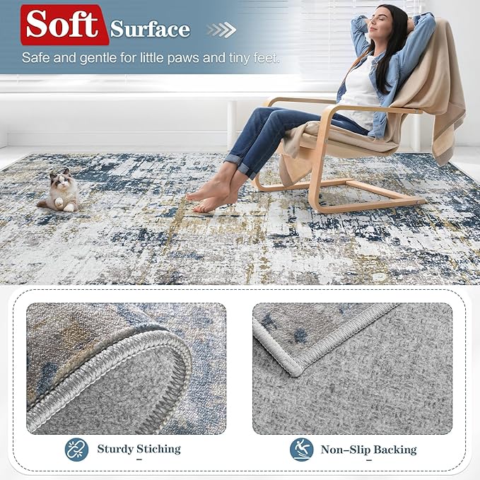 10x14 Area Rugs for Living Room: Washable Modern Abstract Rug Large Soft Non Slip Living Room Rug Indoor Low Pile Carpet for Bedroom Dining Room Home - Blue Grey Brown