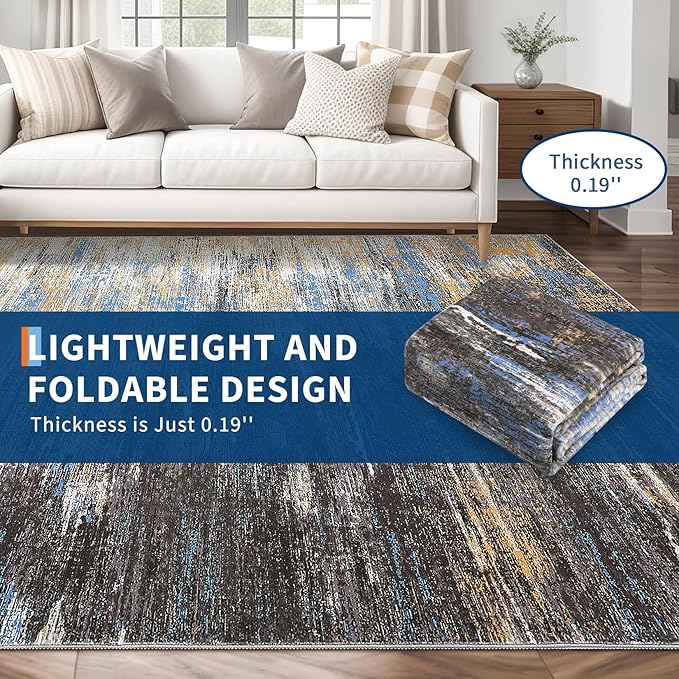 Modern Abstract Living Room Rug 8x10, Washable Area Rugs for Bedroom, Stain Resistant Non Slip Large Rug, Soft Indoor Carpet for Dining Room Table Home Decor, Blue/Brown