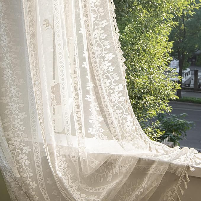 Sutuo Home Boho Curtains 2 Panels 84 Inches Length for Bedroom, Window Treatments Bohemian Sheer Crochet Lace Vintage Drapes Pair, Country White Florals Knitted Handmade Tassels Rod Pocket, 52" x 84"