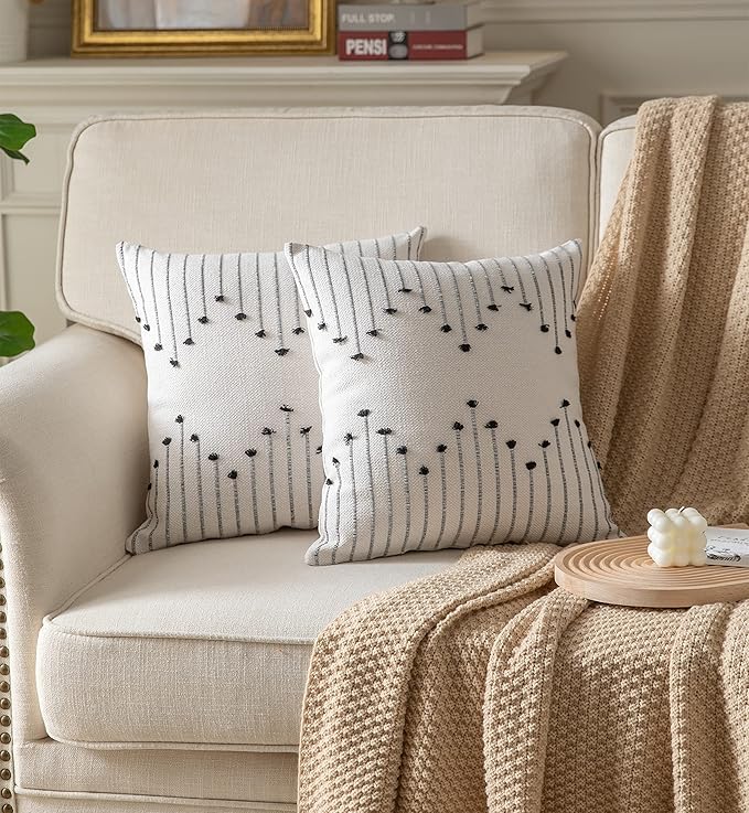 Caflife Boho Throw Pillow Covers 24x24 Set of 2 Decorative Pillows for Bed, Neutral Pillow Covers Beige with Black Line Throw Pillows for Modern Farmhouse Couch Sofa Living Room Outdoor