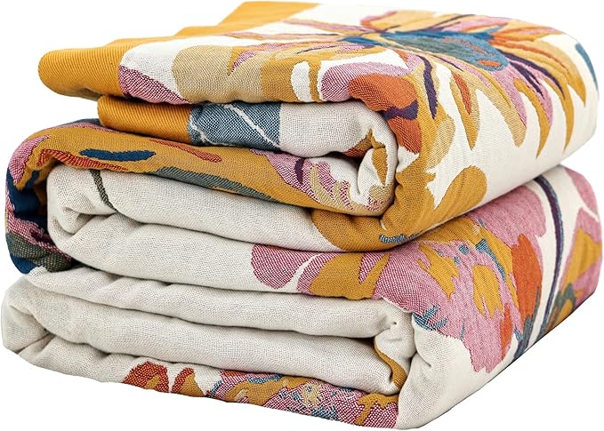Boho Throw Blanket, 100% Organic Cotton Ultra Soft Bed 50" x 60" Throw - Christmas Blanket Gifts for Woman All Season Rustic Floral Decor Blanket for Sofa Couch Chair -Beige