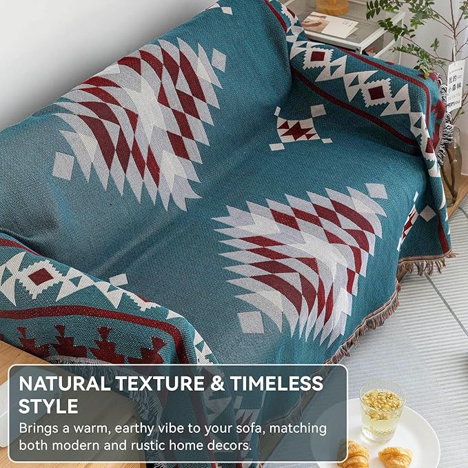 VClife Boho Couch Covers Thick Cotton Linen Couch Cover for 3 Cushion Couch Sofa Blue Red Gray Triangle Plaid Geometric Sofa Cover for Sectional Sofa Pet-Friendly Dog Cat XL Sofa Protector 71" X 134"