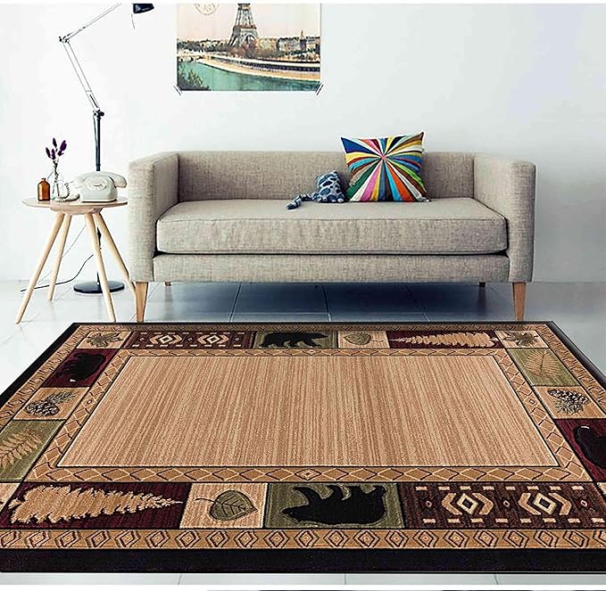 Rustic Cabin Area Rugs, 3x5ft, Wildlife Bear Pine Cone Leaves Accent Rug, Nordic Vintage Geometric Border Brown Rugs, Non Slip Durable Indoor Floor Mat for Living Room Bedroom