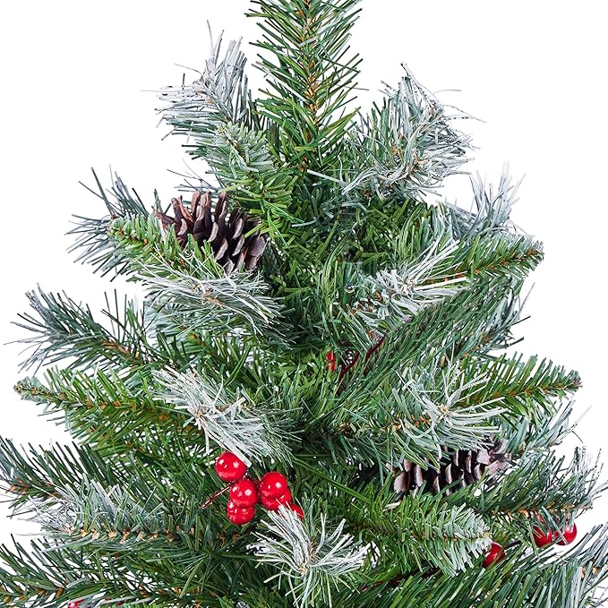 Yaheetech 6ft Pre-lit Frosted Artificial Hinged Christmas Tree with 818 Flocked PVC Tips,62 Pine Cones,62 Holly Berries & 250 Warm White Lights,Foldable Stand,Green