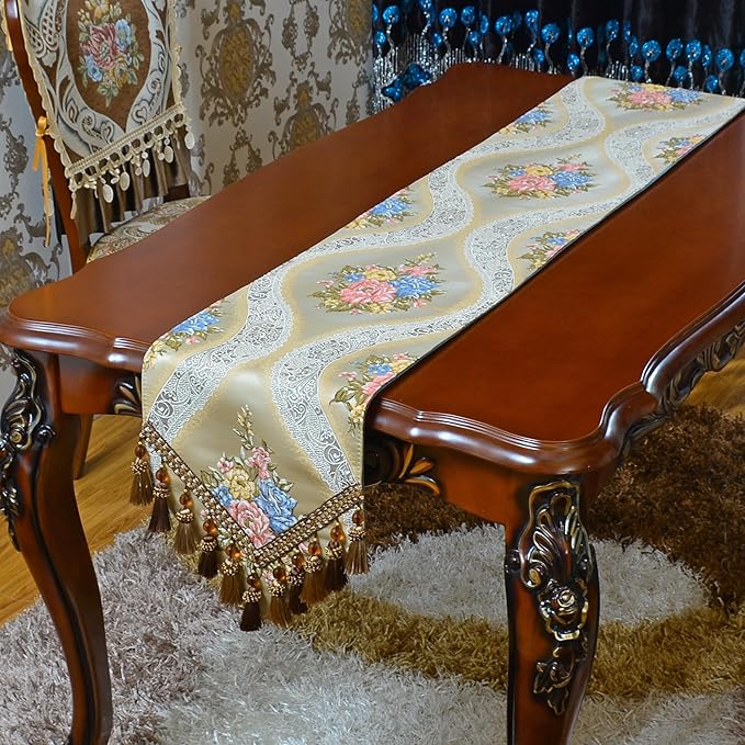 Extra Luxury Velvet Beige Table Runner 120 Inches Long with Vintage Damask Jacquard Design for Dining Room,Living Room,Home Decor,Elegant Beaded Tapestry (X-Beige, 13×120 inch)