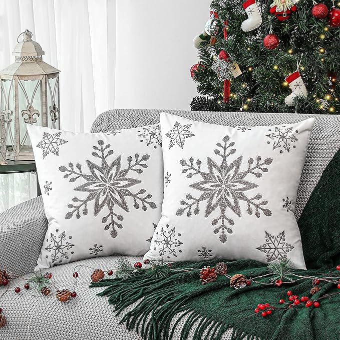 Lewondr Christmas Throw Pillow Covers, 16x16 Inch Snowflake Embroidery Pillow Cases Home Xmas Decorative Holiday Decor Cushion Covers Soft Velvet Pillow Cover for Sofa Bed Chair Set of 2, White