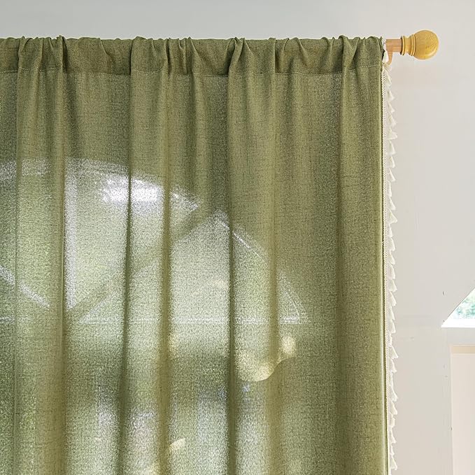 Sutuo Home Boho Curtains 63 Inches Long, Bohemian Linen Style Textured Curtains with Tassels for Bedroom, Semi Blackout Farmhouse Drapes, Rod Pocket Window Treatments 2 Panels, 52" x 63", Olive Green