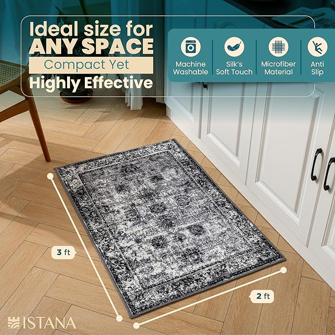 Istana 2x3 Area Rug - Dark Grey Boho Rugs for Living Room 2x3 - Foldable Small Rugs for Bedroom - Stain Resistant Washable Rug Non Slip - Eco-Friendly Area Rugs Indoor