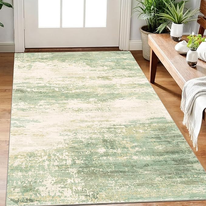 3x5 Modern Abstract Rug Washable Area Rugs for Living Room Bedroom Dining Room Non-Slip Low Pile Neutral Large Rug Soft Indoor Floor Carpet, Green