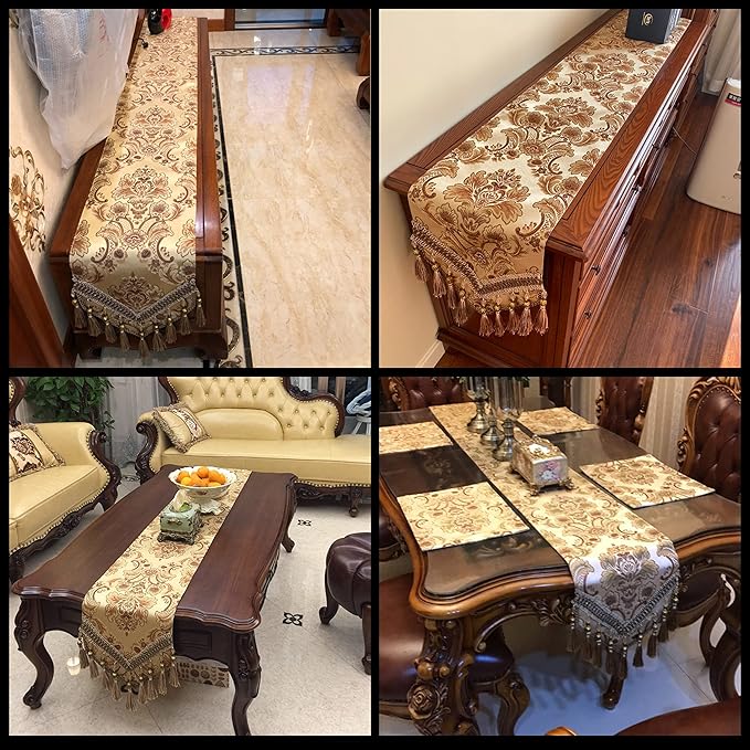 Luxury Velvet Gold Table Runner 108 Inches Long with Vintage Damask Jacquard Design for Dining Room,Living Room,Home Decor,Elegant Beaded Tapestry,Lining ( (Gold, 13×108 inch)