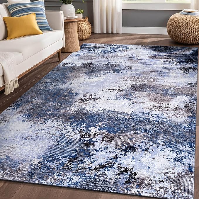 Non Slip Rugs 5x7 Modern Abstract Easy Silk Rubber Backing Soft Area Rug for Living Room Easy to Clean Non Shedding Kitchen for Bedroom Indoor Carpet (Navy - Blue, 5x7)
