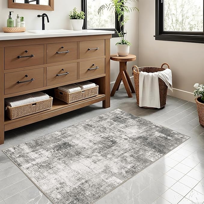 2x3 Modern Abstract Rug Washable Area Rugs for Living Room Bedroom Dining Room Non-Slip Low Pile Neutral Large Rug Soft Indoor Floor Carpet, Gray
