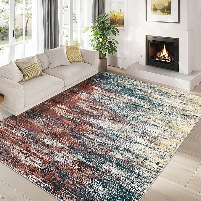 Washable Rug 9x12 Area Rug for Living Room, Non Slip Abstract Rug for Bedroom, Ultra Soft Area Rug, Low Pile Soft Contemporary Indoor Floor Carpet Cover, Red/Multi