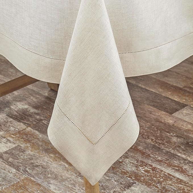 D'Moksha Homes Light Natural Linen Tablecloth 60 x 156 Inch - 100% Pure Linen Natural Tablecloth for Rectangle Tables - Classic Hemstitch, Machine Washable Table Cloth for Thanksgiving, Christmas