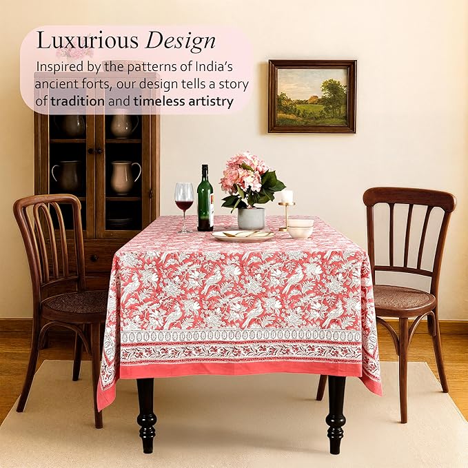 CPC Tablecloth 100% Cotton 72x140 Inch Indian Block Print Rectangle Table Cover, Red Table Cloth for Weddings, Spring/Summer, Barbeque - Pink Coral