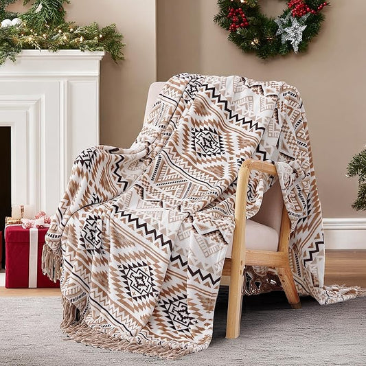 CASAAGUSTO Boho Throw Blanket - Brown White Decorative Blankets with Tassel, Printed Flannel Bohemian Blanket for Chair, Bed, Sofa, Couch(60 * 80, Brown White)